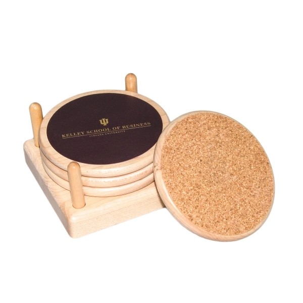 Round Wood 4 Coaster Set with Leather Inlay... from ASI 88156 Solid Dimensions Inc / Solid Dimensions Line