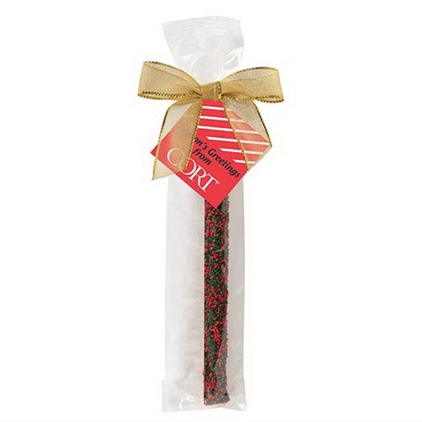 Chocolate covered pretzel rod with holiday nonpareil sprinkles; includes 4-color process... from ASI 71685 Midnite Snax®