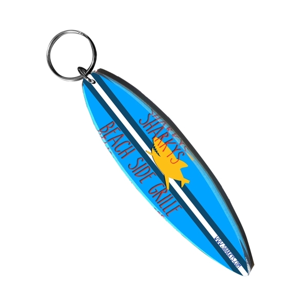 Surfboard shaped acrylic keychain with 1" split ring and customization.... from ASI 72521 Morris Magnets / Laser Cuts