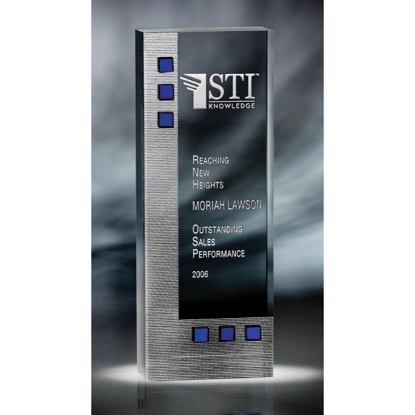10" x 3.75" x 1.5" optic crystal award with blue crystal... from ASI 62985 J. Charles