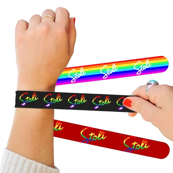 High-quality, food-grade silicone slap bracelet available in any PMS color or... from ASI 45657 Pop! Promos
