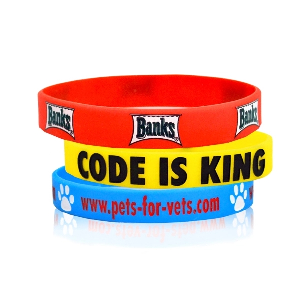 Pantone matched silicone bracelet with various colors and unlimited design options.... from ASI 45657 Pop! Promos