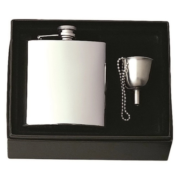 Stainless steel flask with captive top, funnel with chain, velveteen pull-string... from ASI 55450 Franmara Inc