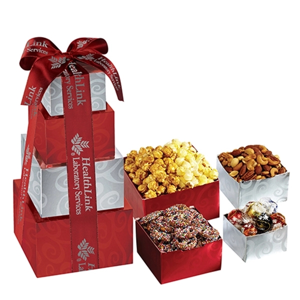 Gift tower of contemporary swirl designed boxes filled with popcorn, chocolate... from ASI 71685 Midnite Snax®