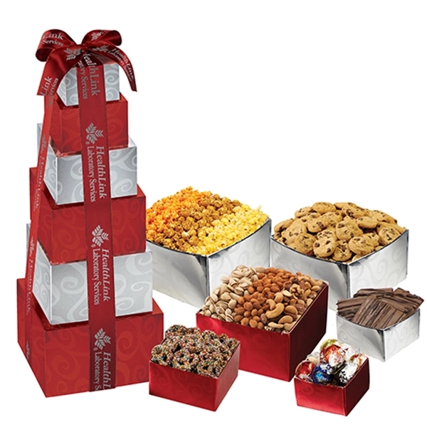 Gift tower of contemporary swirl designed boxes filled with popcorn, chocolate... from ASI 71685 Midnite Snax®