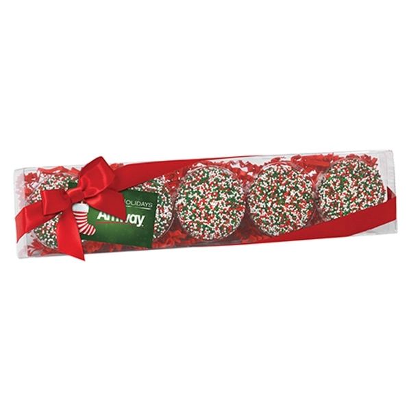 Five pack of chocolate covered Oreos® with red and green nonpareil... from ASI 71685 Midnite Snax®