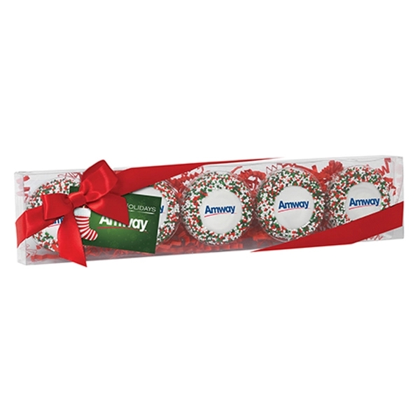 Five pack of chocolate covered Oreos® with holiday nonpareil sprinkles.... from ASI 71685 Midnite Snax®