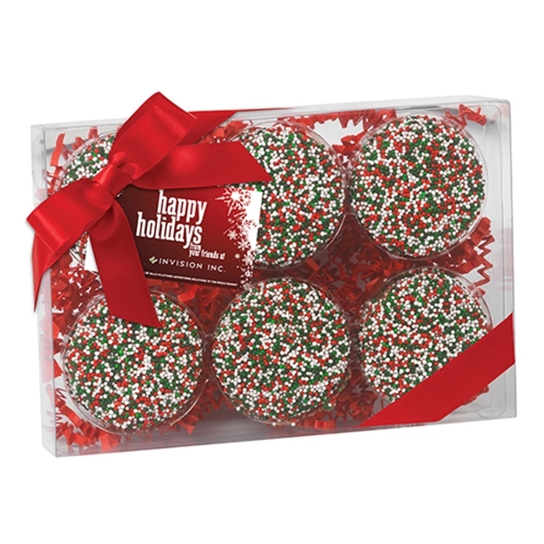 Six pack of chocolate covered Oreos® featuring holiday nonpareil sprinkles.... from ASI 71685 Midnite Snax®