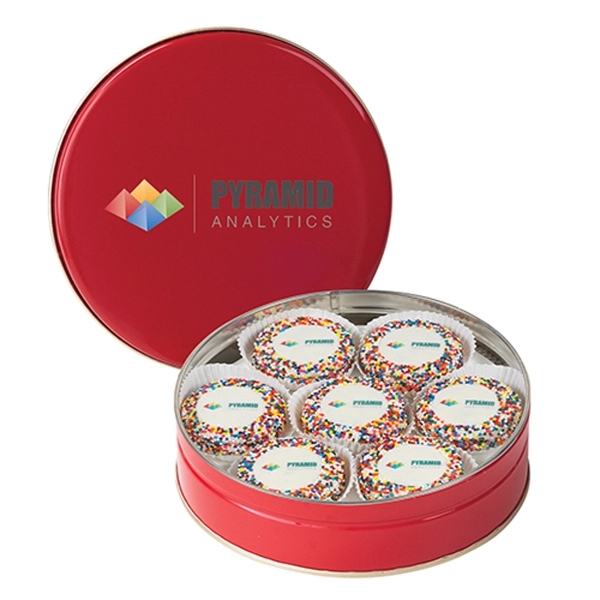 Colorful tin filled with 14 chocolate covered Oreo® cookies topped with... from ASI 71685 Midnite Snax®