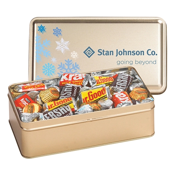 Large rectangular tin filled with Hershey's® Everyday Mix; includes 1-color direct... from ASI 71685 Midnite Snax®