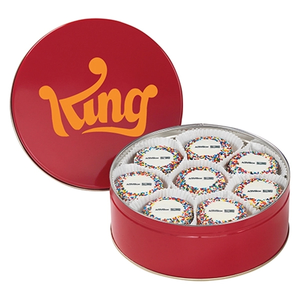 Colorful tin filled with 13 chocolate covered Oreo® cookies topped with... from ASI 71685 Midnite Snax®