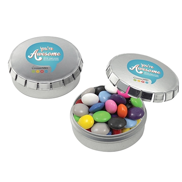 Small, round push-top tin filled with chocolate buttons.... from ASI 71685 Midnite Snax®