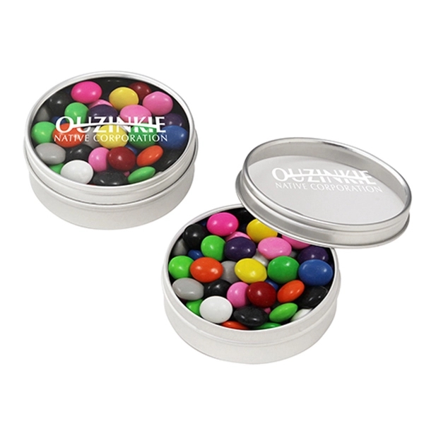 Small round designer window tin filled with chocolate buttons.... from ASI 71685 Midnite Snax®