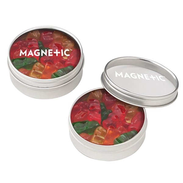 Small round window tin that's customizable and filled with 2 oz.... from ASI 71685 Midnite Snax®