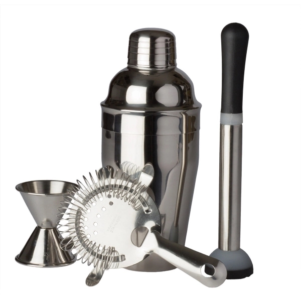Customizable four-piece stainless steel bar set with shaker, cocktail strainer, muddler... from ASI 55450 Franmara Inc