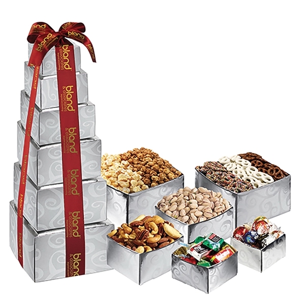 Six-tier stack of boxes filled with treats like popcorn, nuts, pretzels,... from ASI 71685 Midnite Snax®