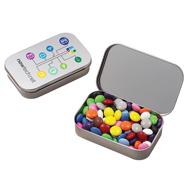 Large hinged tin filled with chocolate buttons candy.... from ASI 71685 Midnite Snax®
