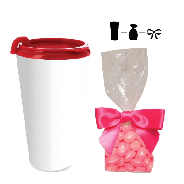 Travel mug cup, container, drinkware with corporate color jelly bean candy.... from ASI 61125 Hit Promotional Products / Admints & Zagabor