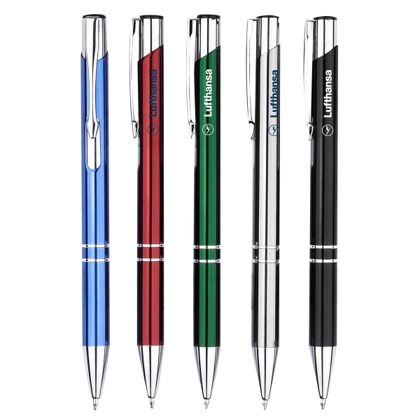Retractable colored aluminum ballpoint pen with chrome accent rings on barrel... from ASI 40544 Binaco