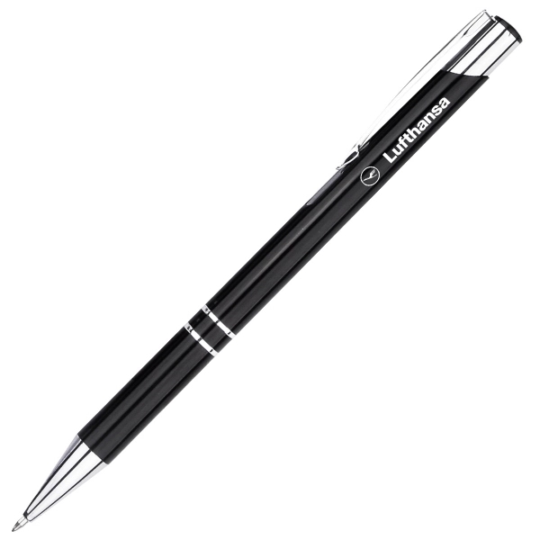 Retractable colored aluminum ballpoint pen with chrome accent rings on barrel... from ASI 40544 Binaco
