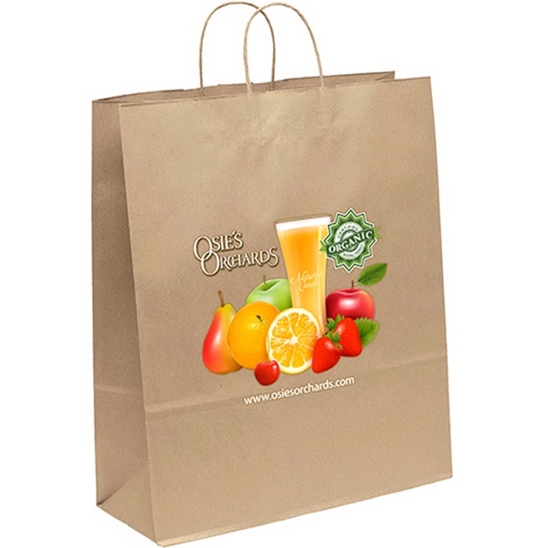 Eco-friendly brown kraft paper shopper with twisted paper handles and serrated... from ASI 37940 Bag Makers Inc