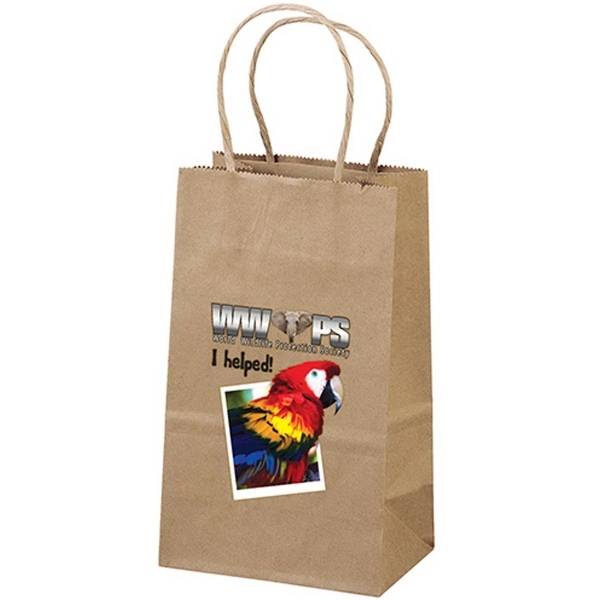 Eco-friendly brown kraft paper shopper with twisted paper handles and serrated... from ASI 37940 Bag Makers Inc