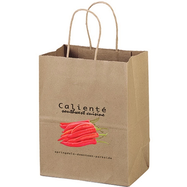 Eco-friendly brown kraft paper shopper with twisted paper handles and serrated... from ASI 37940 Bag Makers Inc