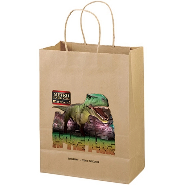 Eco-friendly brown kraft paper shopper with twisted paper handles and serrated... from ASI 37940 Bag Makers Inc