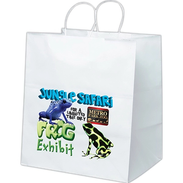 White kraft paper shopper with twisted paper handles and serrated cut... from ASI 37940 Bag Makers Inc