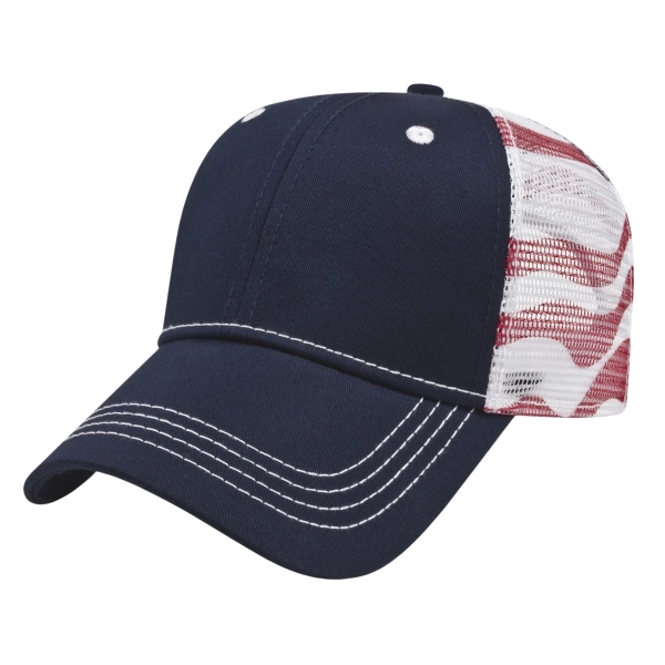Medium profile six-panel chino twill and mesh cap with American flag... from ASI 43792 Cap America Inc