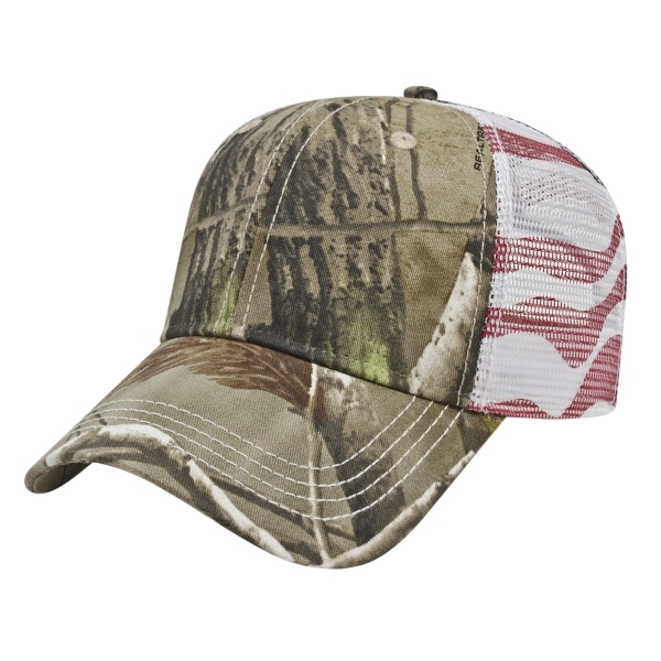 Medium profile six-panel chino twill and mesh cap with American flag... from ASI 43792 Cap America Inc