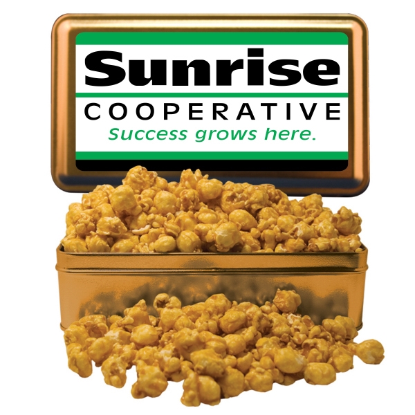 Large rectangle tin filled with freshly popped caramel popcorn. Our Christmas... from ASI 61125 Hit Promotional Products / Admints & Zagabor