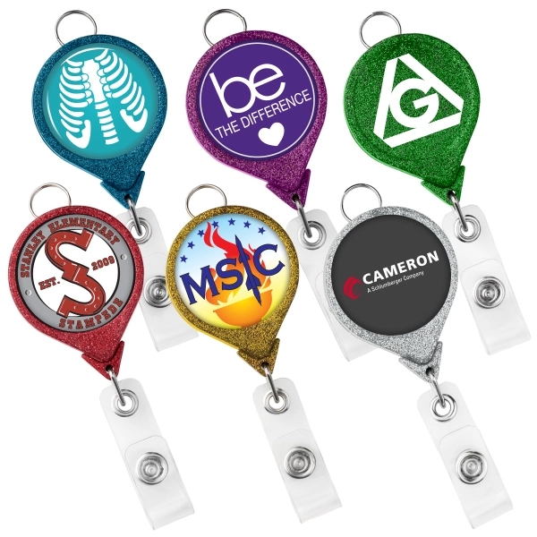 JUMBO round glitter retractable badge reel, with lanyard attachment and bull... from ASI 49470 DEVARA