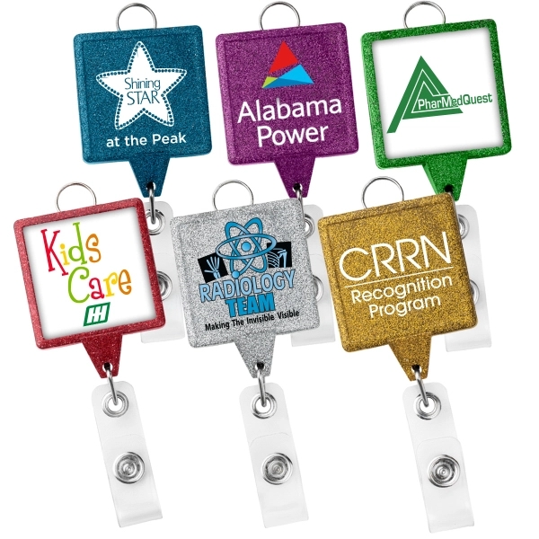 JUMBO square glitter retractable badge reel, with lanyard attachment and bull... from ASI 49470 DEVARA