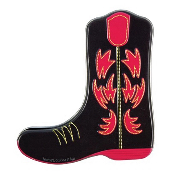 Exclusive cowboy boot designed tin that holds 72 small mints.... from ASI 44900 NC Custom (CI/Lanco) / Chocolate Inn