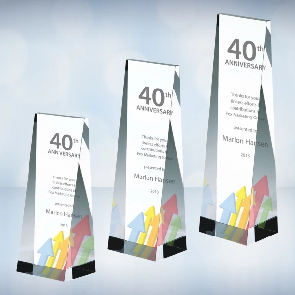 Medium, color-imprinted wedge tower award is made of optical crystal and... from ASI 47791 Best Deal Awards