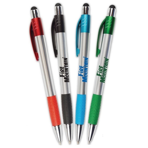 Silver matter click action pen featuring a stylus with rubber grips... from ASI 57956 Graphco line