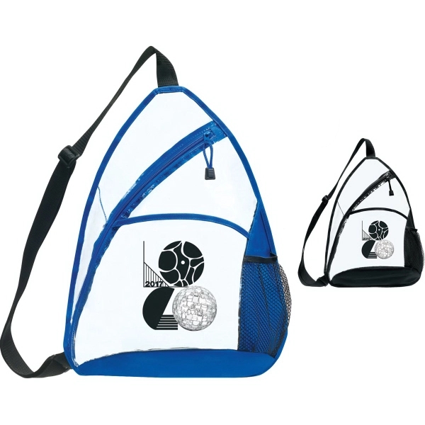 Clear sling backpack with a zippered main compartment, front sleeve pocket,... from ASI 46420 Continental Mkting Svc Inc / CMBags
