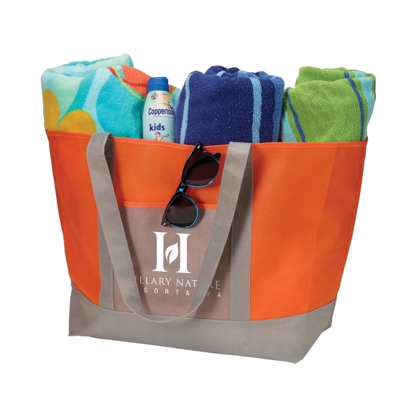 Beach tote made of non-woven polypropylene with 26" handles, front pocket... from ASI 52840 Evans Manufacturing