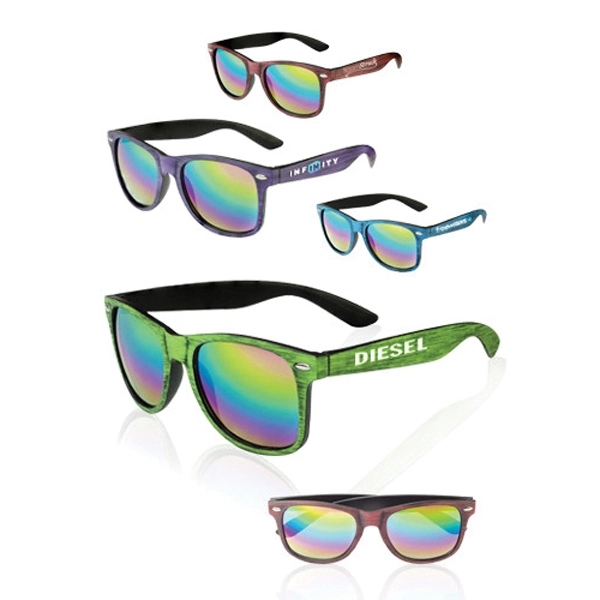 Polycarbonate sunglasses with matte woodgrain finish, mirrored reflector lenses, and UV... from ASI 39552 BEL Promo