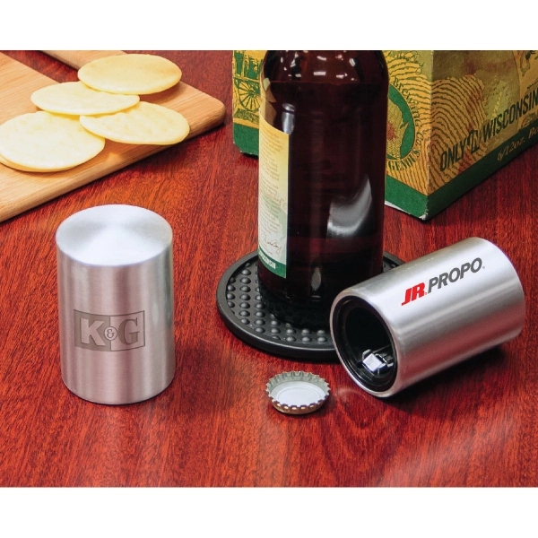 Stainless steel automatic push-down bottle opener with magnetic bottle cap holder... from ASI 99030 Zipline / Zipline®