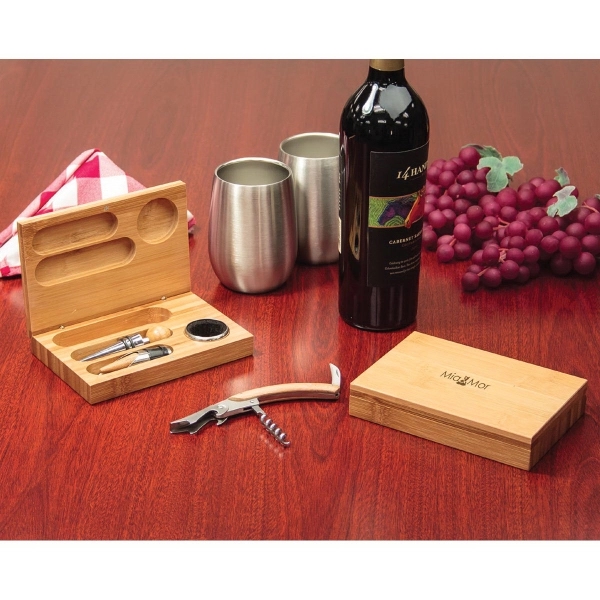 Bamboo constructed wine tool set which includes bottle opener, drip ring... from ASI 99030 Zipline