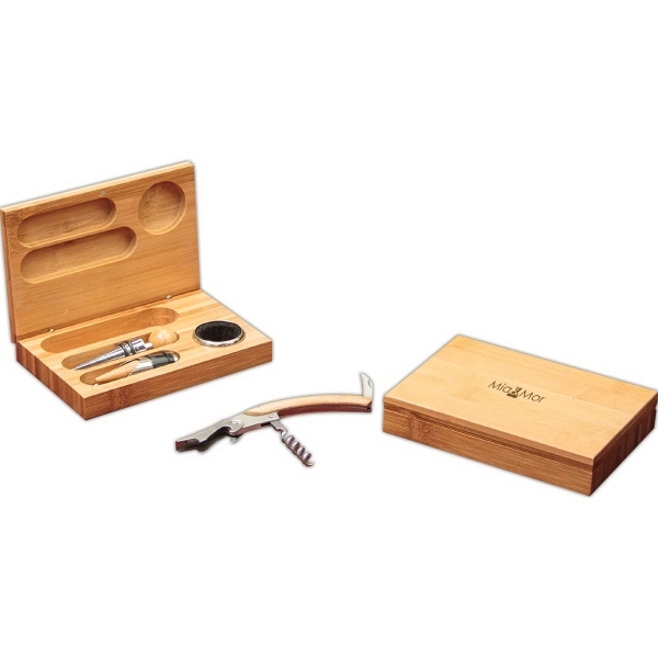 Bamboo constructed wine tool set which includes bottle opener, drip ring... from ASI 99030 Zipline