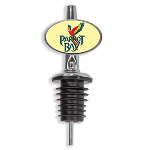 Chrome and rubber liquor bottle pourer with spout and full color... from ASI 52263 EMT / EMT