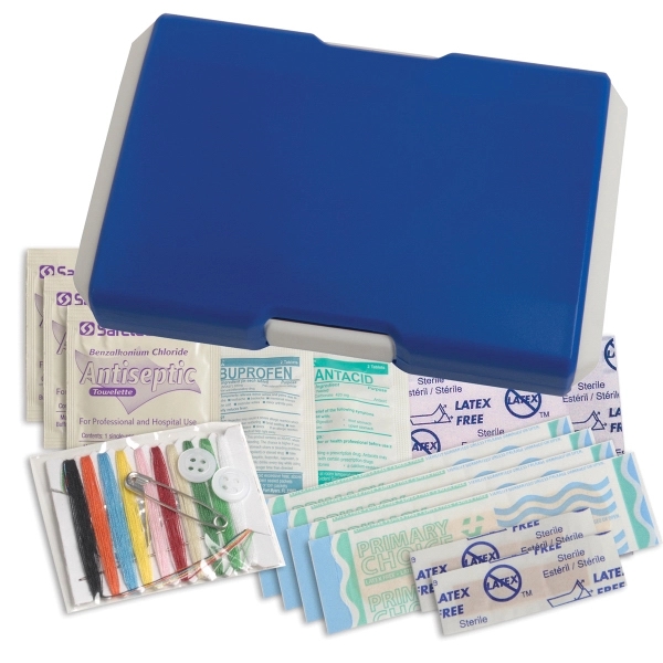 Travel first aid kit that has a sewing kit, bandages, ibuprofen,... from ASI 52840 Evans Manufacturing