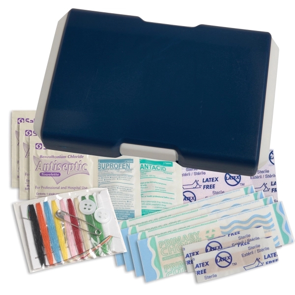 Travel first aid kit that has a sewing kit, bandages, ibuprofen,... from ASI 52840 Evans Manufacturing
