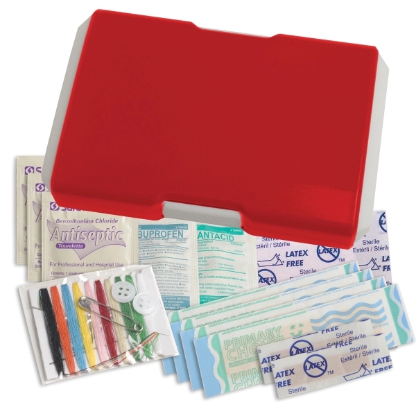 Travel first aid kit that has a sewing kit, bandages, ibuprofen,... from ASI 52840 Evans Manufacturing