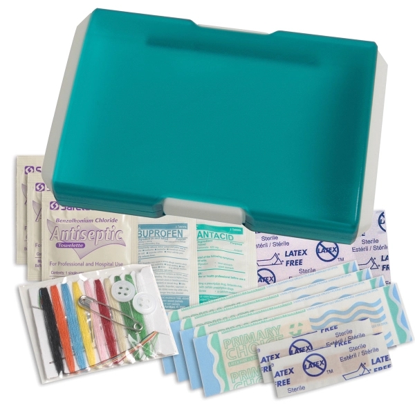 Travel first aid kit that has a sewing kit, bandages, ibuprofen,... from ASI 52840 Evans Manufacturing