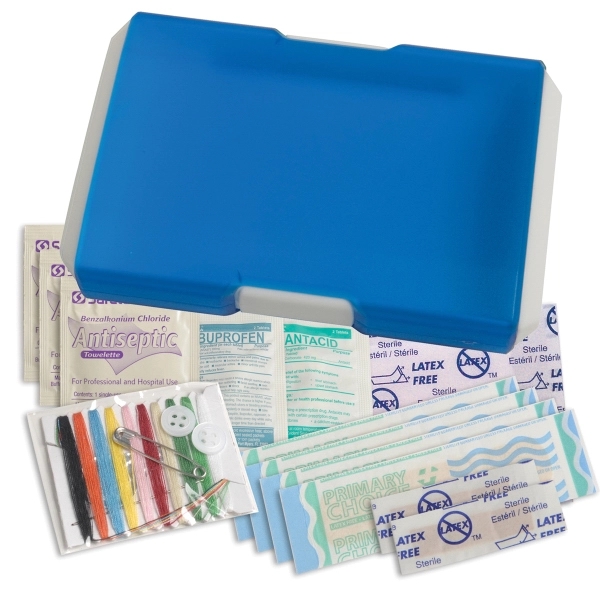 Travel first aid kit that has a sewing kit, bandages, ibuprofen,... from ASI 52840 Evans Manufacturing
