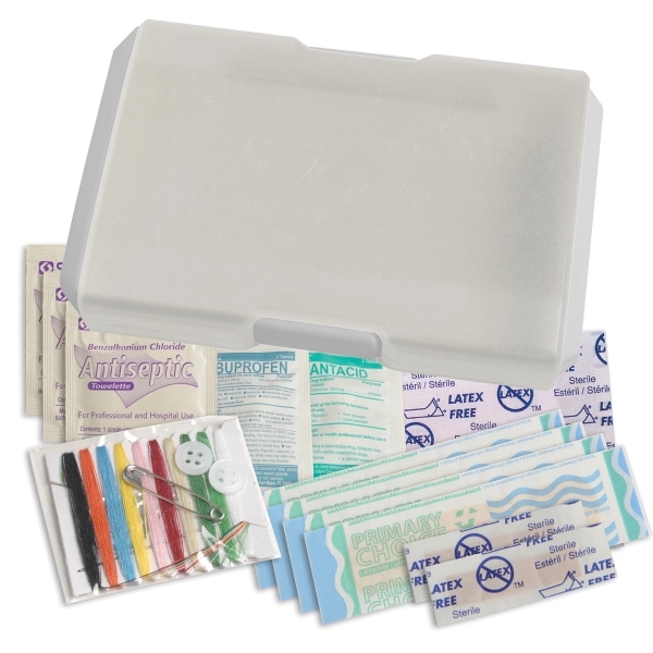 Travel first aid kit that has a sewing kit, bandages, ibuprofen,... from ASI 52840 Evans Manufacturing